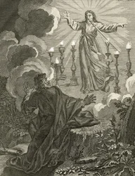 Jezus ukazuje się w Księdze Objawienia, trzymając siedem gwiazd w prawej ręce, a z jego ust wychodzi miecz obosieczny, 1763